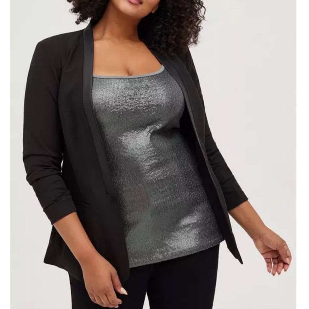 Torrid Studio Crepe Open Front Black Blazer Faux Leather Trim Lined Womens 2X, 2